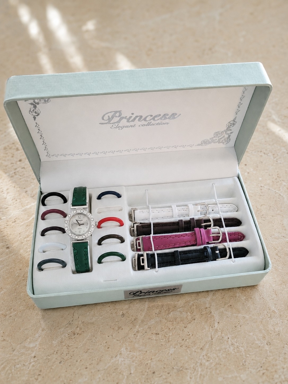 Princess Interchangeable Watch Gift Set 5 Straps 10 Bezels New Battery